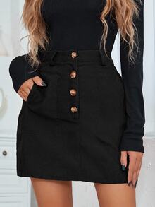 Pariaura Women's High Waist Button Front Pocket Casual/Work Midi Skirt - Black - View 8