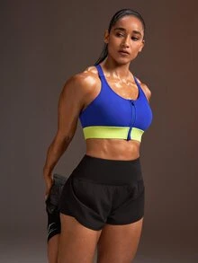 Powerista 女款拼色休閒運動內衣 藍黃配色 高支撐 健身訓練 運動跑步 日常戶外 外出 健身時尚休閒 - 藍色 - 查看 5