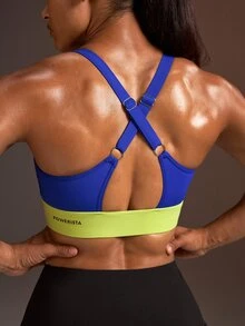 Powerista 女款拼色休閒運動內衣 藍黃配色 高支撐 健身訓練 運動跑步 日常戶外 外出 健身時尚休閒 - 藍色 - 查看 8