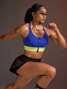 Powerista 女款拼色休閒運動內衣 藍黃配色 高支撐 健身訓練 運動跑步 日常戶外 外出 健身時尚休閒 - 藍色 - 查看 4