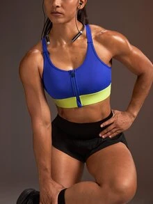 Powerista 女款拼色休閒運動內衣 藍黃配色 高支撐 健身訓練 運動跑步 日常戶外 外出 健身時尚休閒 - 藍色 - 查看 10