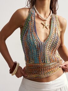Bohemela Women's Vintage Tropical Blue And Brown Knit Halter Top, Boho Backless Patchwork Sweater, Summer Beach Vacation, Holiday, Western Style Concert - Multicolor - View 3
