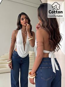 Aloruh Women's Deep V Draped Neck Ruched Metal Decor Sexy Elegant Tank Top,Going Out,Gyaru - White - View 2