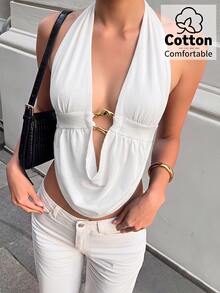 Aloruh Women's Deep V Draped Neck Ruched Metal Decor Sexy Elegant Tank Top,Going Out,Gyaru - White - View 5