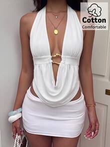 Aloruh Women's Deep V Draped Neck Ruched Metal Decor Sexy Elegant Tank Top,Going Out,Gyaru - White - View 4