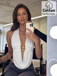 Aloruh Women's Deep V Draped Neck Ruched Metal Decor Sexy Elegant Tank Top,Going Out,Gyaru - White - View 1