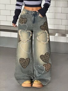 StreetHx Women's Leopard Print Pocket Wide Leg Loose Casual Denim Jeans - Blue - View 3