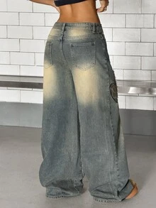 StreetHx Women's Leopard Print Pocket Wide Leg Loose Casual Denim Jeans - Blue - View 2