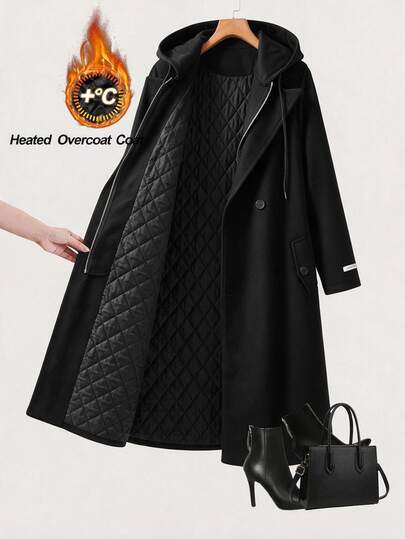 SHEIN Clasi معطف طويل بغطاء رأس دافئ للنساء بمقاسات كبيرة، فضفاض وكاجوال وأنيق، بصفين من الأزرار، أسود، للخروج والسهرات والعطلات والنادي والمناسبات الرسمية، لفصلي الخريف والشتاء