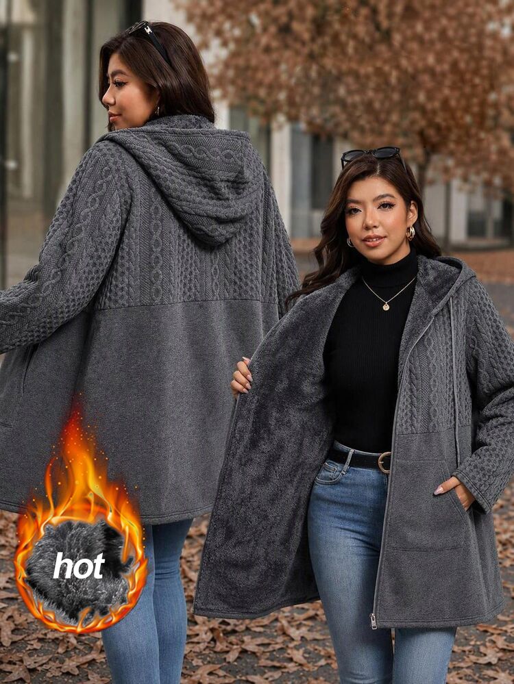 SHEIN Clasi Plus Size Casual Cargo Anti Social Elegant Baggy Pocket Zipper Ribbed Knit Hoodie Office Holiday Going Out Club Vacation Grey Fall - Grey - View 1