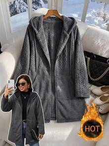 SHEIN Clasi 大尺碼休閒工裝風 Anti Social 優雅寬鬆口袋拉鍊羅紋針織連帽衫 灰色 秋冬 適合辦公室、度假、外出、夜店、旅行 - 灰色 - 查看 3