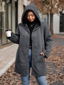SHEIN Clasi 大尺碼休閒工裝風 Anti Social 優雅寬鬆口袋拉鍊羅紋針織連帽衫 灰色 秋冬 適合辦公室、度假、外出、夜店、旅行 - 灰色 - 查看 7