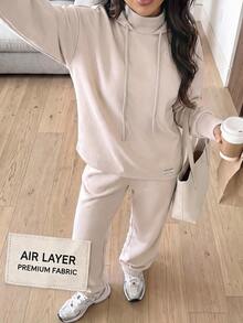 Solavon Women's Long Sleeve Hooded Drawstring Jogger Modest Athleisure Sports 2 Pieces Set Loungewear Tracksuit Fall Gym Workout Yoga Beige - Apricot - View 2