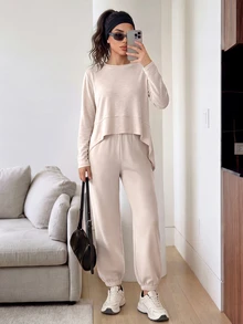 Solavon Women's Long Sleeve Hooded Drawstring Jogger Modest Athleisure Sports 2 Pieces Set Loungewear Tracksuit Fall Gym Workout Yoga Beige - Apricot - View 5