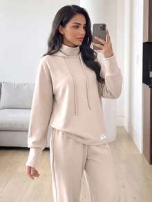 Solavon Women's Long Sleeve Hooded Drawstring Jogger Modest Athleisure Sports 2 Pieces Set Loungewear Tracksuit Fall Gym Workout Yoga Beige - Apricot - View 7