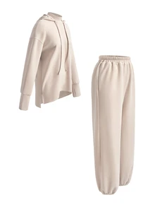 Solavon Women's Long Sleeve Hooded Drawstring Jogger Modest Athleisure Sports 2 Pieces Set Loungewear Tracksuit Fall Gym Workout Yoga Beige - Apricot - View 11