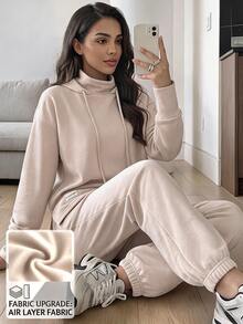 Solavon Women's Long Sleeve Hooded Drawstring Jogger Modest Athleisure Sports 2 Pieces Set Loungewear Tracksuit Fall Gym Workout Yoga Beige - Apricot - View 1
