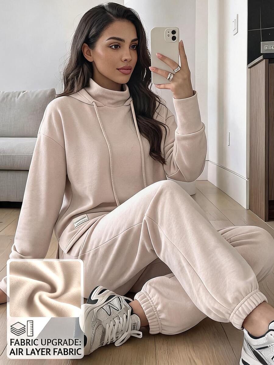 Solavon Women's Long Sleeve Hooded Drawstring Jogger Modest Athleisure Sports 2 Pieces Set Loungewear Tracksuit Fall Gym Workout Yoga Beige - Apricot - View 1