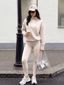 Solavon Women's Long Sleeve Hooded Drawstring Jogger Modest Athleisure Sports 2 Pieces Set Loungewear Tracksuit Fall Gym Workout Yoga Beige - Apricot - View 9