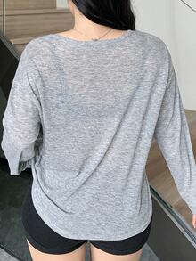 Dazy Plus Solid Color Round Neck Half-Open Front Long Sleeve T-Shirt, Spring/Summer Preppy Tops - Grey - View 2