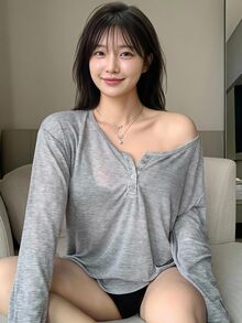 Dazy Plus Solid Color Round Neck Half-Open Front Long Sleeve T-Shirt, Spring/Summer Preppy Tops - Grey - View 1
