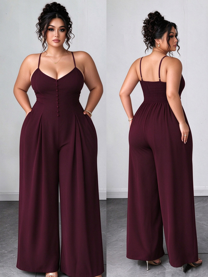 Elenzga Plus Size Women's Elegant Dignified Spring/Summer Jumpsuit With Button Straps, Pleated Waist, Wide Leg, Extra Long Pants