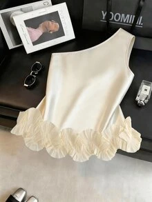 SHEIN PariChic 女款優雅緞面雙層荷葉邊飾無袖吊帶背心，適合春夏季出遊、度假與約會 - 杏色 - 查看 2