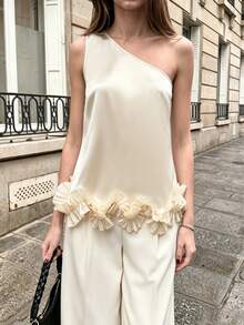 SHEIN PariChic 女款優雅緞面雙層荷葉邊飾無袖吊帶背心，適合春夏季出遊、度假與約會 - 杏色 - 查看 3