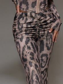 MUSERA Leopard Print Ruched Low Waist Trouser Pants Fall Autumn Winter Elegant Sexy Vintage New Year Christmas Women Clothing Evening - Multicolor - View 5