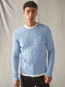 SWAVVY Men's Fashion Casual Daily Loose Knit Long Sleeve Cable Knit Sweater, For Fall, Winter, Spring - Baby Blue - View 3