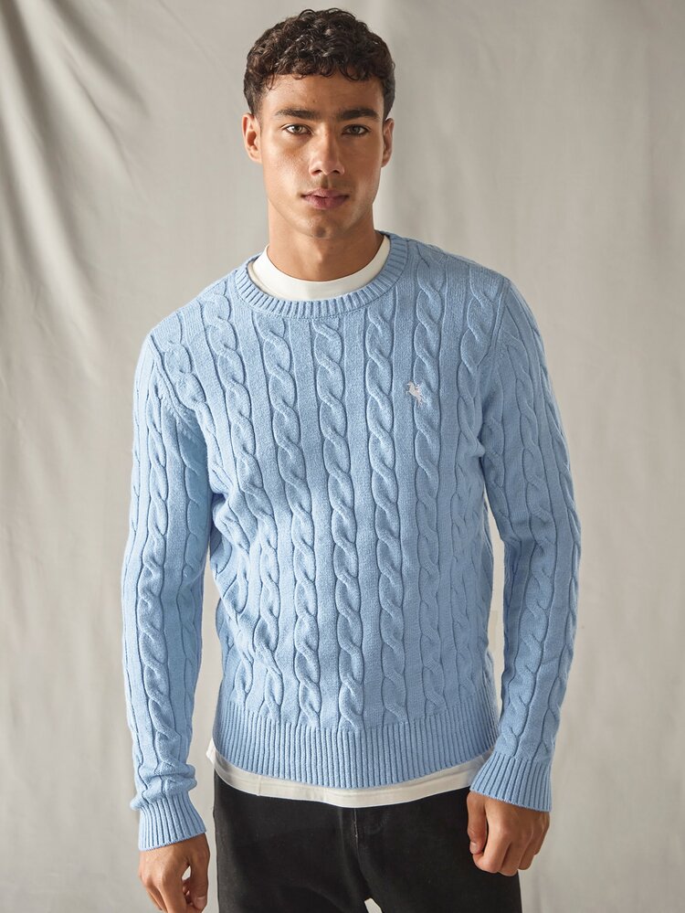 SWAVVY Men's Fashion Casual Daily Loose Knit Long Sleeve Cable Knit Sweater, For Fall, Winter, Spring - Baby Blue - View 3