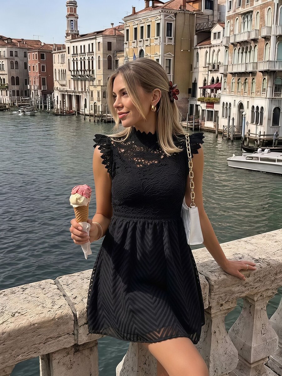 Pariaura Women's Summer Elegant Lace Patchwork Stand Collar Flutter Sleeve A-Line Dress - Black - View 1