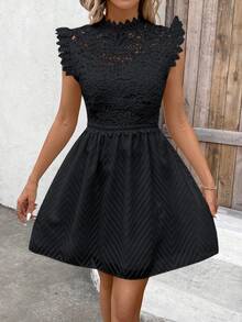 Pariaura Women's Summer Elegant Lace Patchwork Stand Collar Flutter Sleeve A-Line Dress - Black - View 2