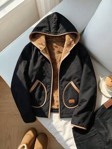 SHEIN Clasi 大尺碼街頭風工裝休閒寬鬆牛仔口袋拉鍊人造毛連帽外套，適合外出、居家、辦公、度假、夜店，黑色冬季款 - 黑色 - 查看 12