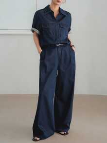Dazy-Less Loose Casual Business Style Office Wear Large Pocket Utility Retro Washed Denim Shirt And Straight Leg Casual Jeans Pants 2 Pieces Set For Women - Dark Wash - View 5