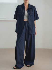 Dazy-Less Loose Casual Business Style Office Wear Large Pocket Utility Retro Washed Denim Shirt And Straight Leg Casual Jeans Pants 2 Pieces Set For Women - Dark Wash - View 6