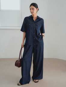 Dazy-Less Loose Casual Business Style Office Wear Large Pocket Utility Retro Washed Denim Shirt And Straight Leg Casual Jeans Pants 2 Pieces Set For Women - Dark Wash - View 1