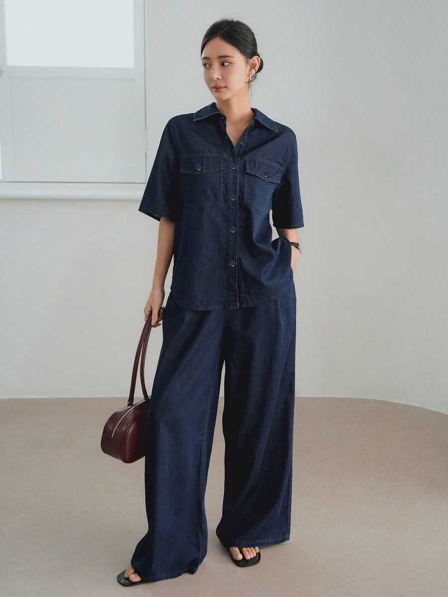 Dazy-Less Loose Casual Business Style Office Wear Large Pocket Utility Retro Washed Denim Shirt And Straight Leg Casual Jeans Pants 2 Pieces Set For Women - Dark Wash - View 1