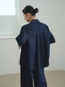 Dazy-Less Loose Casual Business Style Office Wear Large Pocket Utility Retro Washed Denim Shirt And Straight Leg Casual Jeans Pants 2 Pieces Set For Women - Dark Wash - View 4