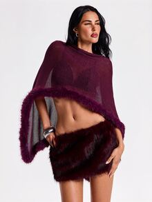 ROMWE Autumn/Winter Sexy Party Midnight Luxury Evening Outfit Y2K Style Sheer Asymmetric Shoulder Edge Patchwork Fur Knit Top For Women - Purple - View 4