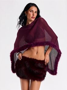 ROMWE Autumn/Winter Sexy Party Midnight Luxury Evening Outfit Y2K Style Sheer Asymmetric Shoulder Edge Patchwork Fur Knit Top For Women - Purple - View 3
