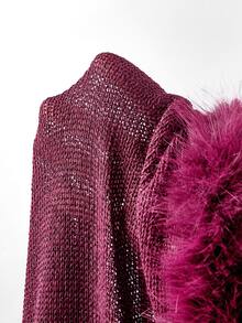 ROMWE Autumn/Winter Sexy Party Midnight Luxury Evening Outfit Y2K Style Sheer Asymmetric Shoulder Edge Patchwork Fur Knit Top For Women - Purple - View 7