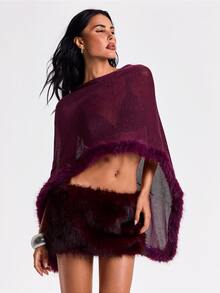 ROMWE Autumn/Winter Sexy Party Midnight Luxury Evening Outfit Y2K Style Sheer Asymmetric Shoulder Edge Patchwork Fur Knit Top For Women - Purple - View 5