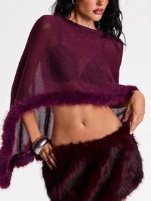 ROMWE Autumn/Winter Sexy Party Midnight Luxury Evening Outfit Y2K Style Sheer Asymmetric Shoulder Edge Patchwork Fur Knit Top For Women - Purple - View 6