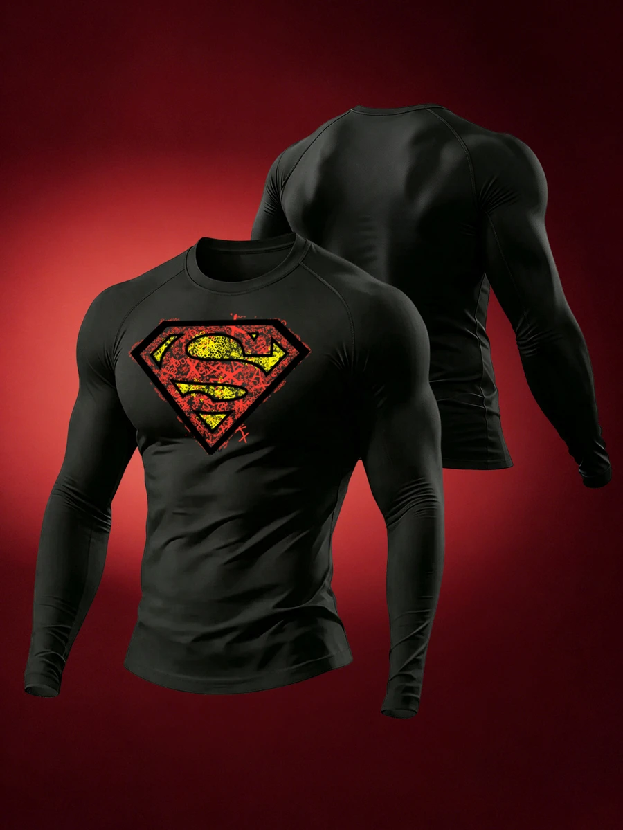 SUPERMAN X SHEIN Gym Rark 男士數位印花修身長袖運動T恤,健身房適用 - 黑色 - 查看 1