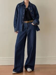 Dazy-Less Women's Navy Blue Autumn Casual Denim Suit,Loose Vintage Washed Denim Top & Straight Leg Pants Two Pieces Set For Occasion,Contrast Stitching Splice - Dark Wash - View 4