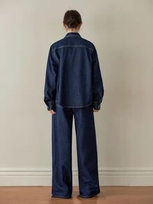 Dazy-Less Women's Navy Blue Autumn Casual Denim Suit,Loose Vintage Washed Denim Top & Straight Leg Pants Two Pieces Set For Occasion,Contrast Stitching Splice - Dark Wash - View 3