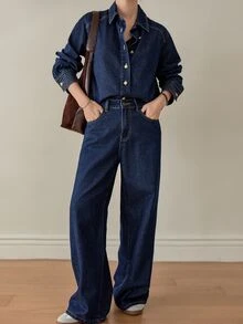 Dazy-Less Women's Navy Blue Autumn Casual Denim Suit,Loose Vintage Washed Denim Top & Straight Leg Pants Two Pieces Set For Occasion,Contrast Stitching Splice - Dark Wash - View 8