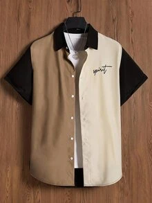 SWAVVY Kemeja Pria Tombol Depan Blok Warna Huruf Casual - MultiWarna - View 1