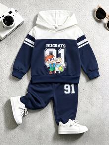 Nick 90s | SHEIN Nick 90s | 2pcs Baby Boy Casual Cute Colorblock Cartoon Print Crew Neck Long Sleeve Sweatshirt And Sweatpants Set, Fleece Lined Suitable For Autumn/Winter - Multicolor - View 4